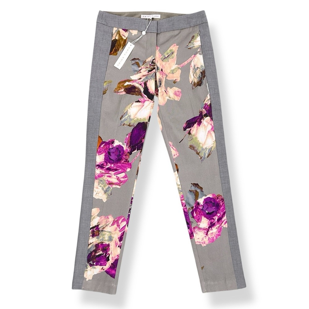 Trina Turk Pants Women Size 4 (ACTUAL 30x28) Gray Floral Slim Skinny Dress NWT